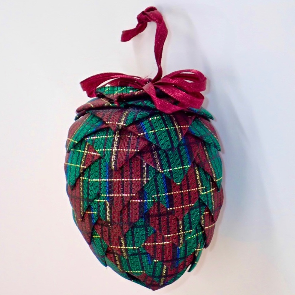 Red Green Tartan Plaid Fabric Folded Pinecone Vintage Christmas Ornament 3.5"